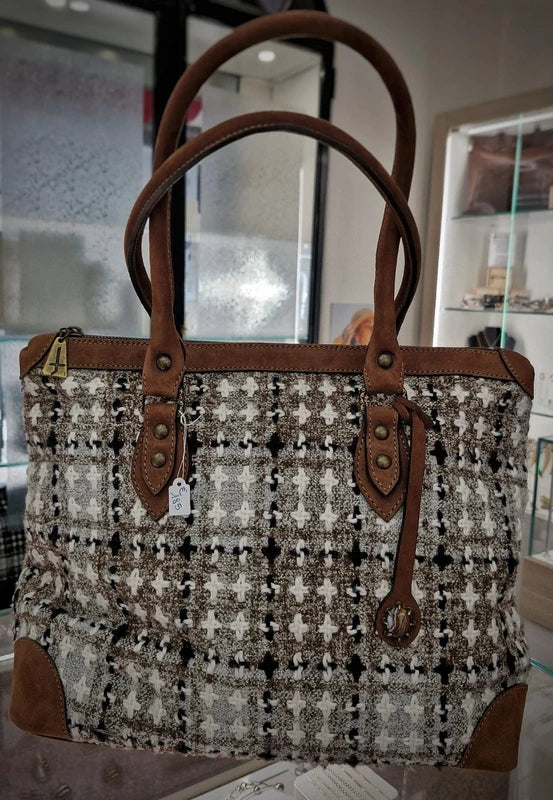 Mini Shopper in Pelle Marrone e Tweed Vintage della Borgogna